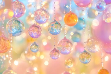Pendants made of delicate colored crystal balls on a dreamy pastel background
