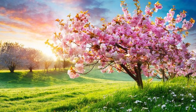 pink cherry tree blossom flowers blooming in a green grass meadow on a spring easter sunrise background