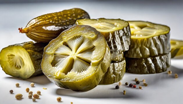 Pickled Cucumber Slices On White Background