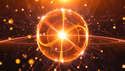 orange energy sphere with glowing bright particles atom with electrons and elektric magic field scientific futuristic hi tech abstract background - obrazy, fototapety, plakaty