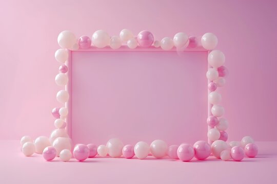 Frame made of colorful glossy bubbles on a dreamy pastel background