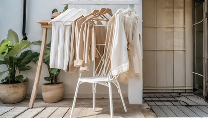 Fototapeta na wymiar creative minimalist lifestyle of pastel beige and white clothes hanging outdoors on a rack and chair suitable for social media shopping stores and studios