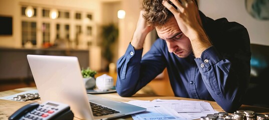 Crisis stricken man calculating debt, expenses, and bankruptcy concept in financial distress