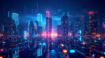 Fototapeta na wymiar Cityscape on dark blue background with bright glowing neon. Technology city background