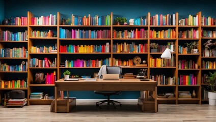 photo of an office room with a desk and a bookcase with colorful books made by AI generative