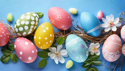 colorful easter eggs on blue background