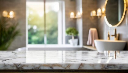 Fototapeta premium empty marble table top with blurred bathroom interior background