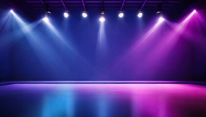 neon dark stage shows empty room neon light spotlights dark blue purple pink background dance floor for product display in studio backdrop for photo shooting 