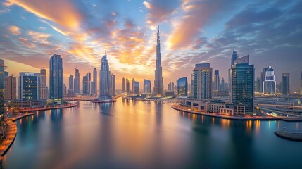 Dubai city center - amazing city skyline with luxury skyscrapers at sunrise, United Arab Emirates - obrazy, fototapety, plakaty
