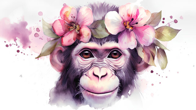 Watercolor illustration of a cute monkey, in a delicate pink floral scheme.