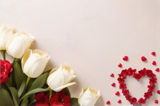 Red flowers create hearts shape minimalist banner for Valentine's Day gifts concept of love.