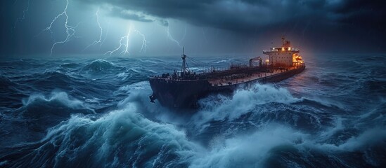 Rolling cargo ship in stormy Indian Ocean.
