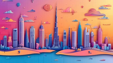 Dubai city colorful paper cut style, vector stock illustration. Cityscape with all famous buildings. Skyline Dubai city composition for design - obrazy, fototapety, plakaty