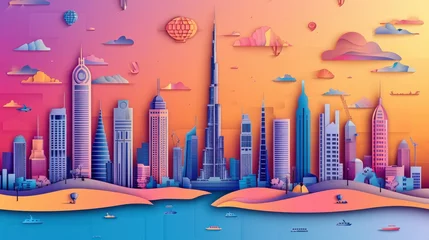 Fotobehang Dubai city colorful paper cut style, vector stock illustration. Cityscape with all famous buildings. Skyline Dubai city composition for design © Orxan
