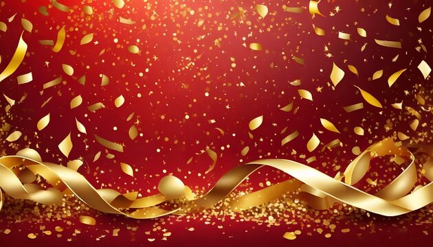 celebration background template with gold confetti and gold ribbons on red background falling shiny golden confetti gold festive party festive party or holiday glitter backdrop luxury card