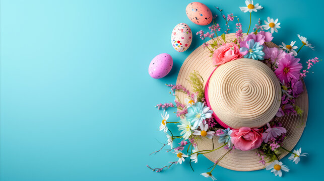 Easter bonnet background with straw hat and flowers with copy space for text.