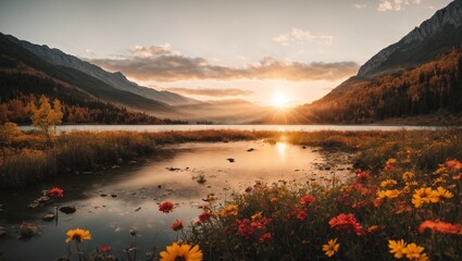 photo of lake view with many flowers on its edge against the background of mountains in the morning made by AI generative