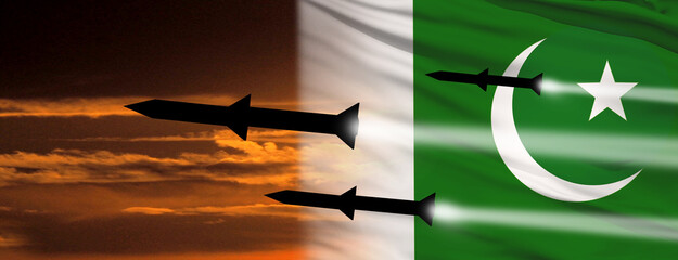 Fired missiles fly to the target. Pakistan flag. 3d illustration