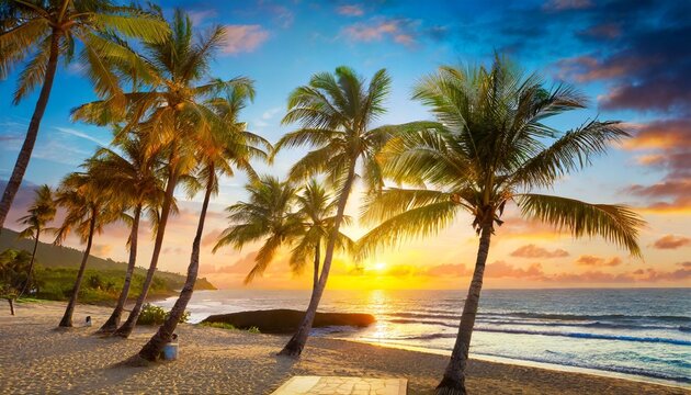 fantastic sunset palm trees in tropical beach