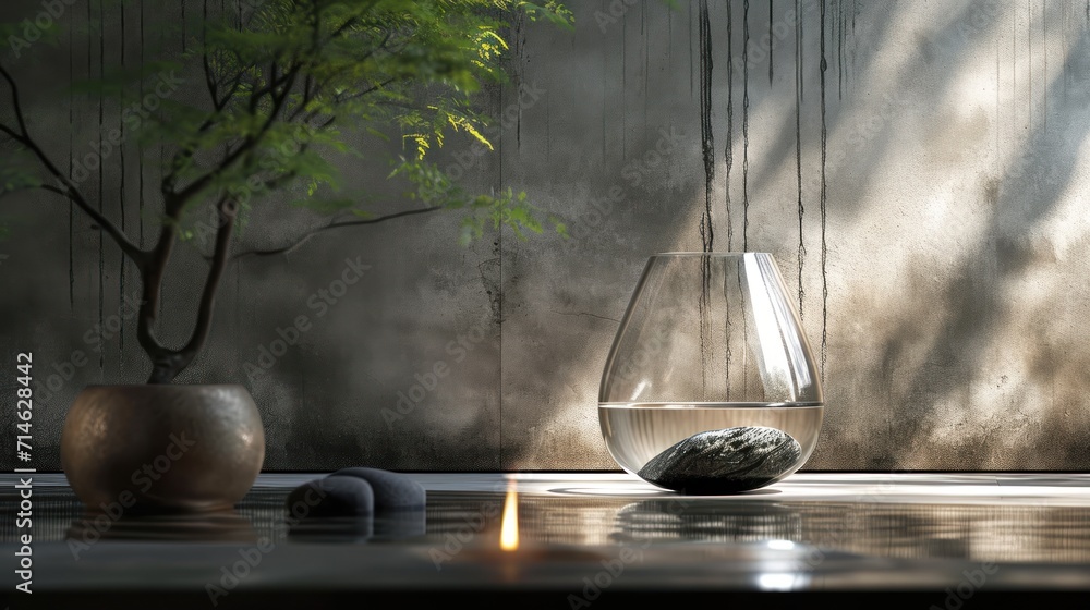 Poster a vase with a rock in it next to a vase with a plant in it and a rock in the middle of the vase with
