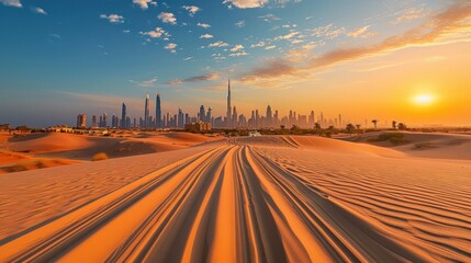 Dubai skyline on the horizon of a sand and dune landscape with tire tracks from a 4x4 vehicle during safari excursion. Blue sky at sunset - obrazy, fototapety, plakaty