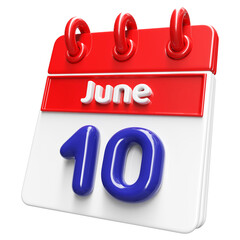 10th June Calendar Icon 3D Render , Calendar Icon 3D Illustration