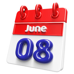 8th June Calendar Icon 3D Render , Calendar Icon 3D Illustration