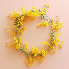 Naklejka na ściany i meble Round frame of yellow mimosa flowers on pastel background