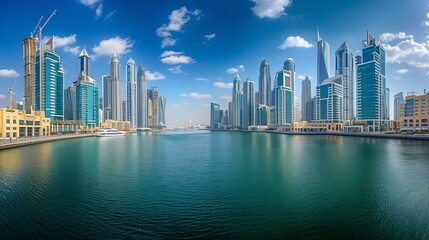 Fototapeta na wymiar DUBAI, UAE. The panorama with the new Canal and skyscrapers of Downtown
