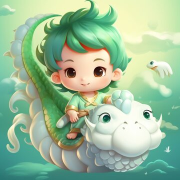 A super cute cartoon cloud green dragon design Ai generated art