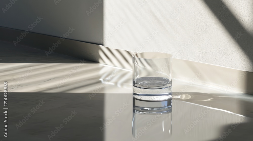 Poster a glass of water sitting on a table with a shadow of a building on the wall in the background and a 