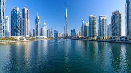 Fototapeta na wymiar DUBAI, UAE. The panorama with the new Canal and skyscrapers of Downtown