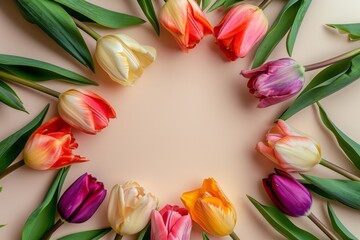 Round frame of tulips of different colors on a pastel background