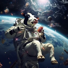 Fototapeta premium A very thin cow drinking a Coke in space Ai generated art