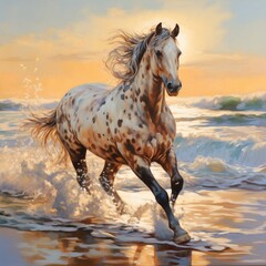 Obraz na płótnie Canvas A white horse is running in the water of the beach Ai generated art