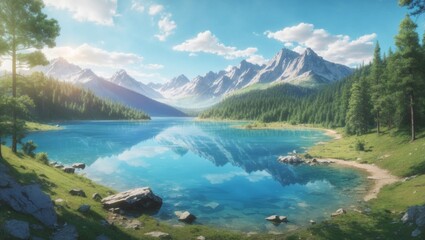 
photo of lake view with clear blue water in the middle of the forest against the background of mountains made by AI generative