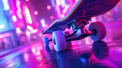 Gordijnen Vibrant close up of colorful skateboard wheels and bearings in dynamic lighting © Andrei