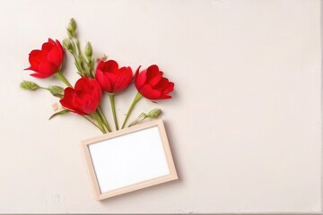 Red flowers create hearts shape minimalist banner for Valentine's Day gifts concept of love.