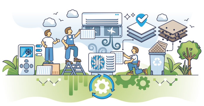 HVAC air filter replacement and professional AC maintenance outline concept, transparent background. Cooling or heating unit for fresh and effective air purification quality illustration.