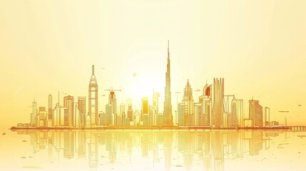 Fototapeta na wymiar Modern United Arab Emirates line art, golden architecture vector illustration, skyline, all famous buildings