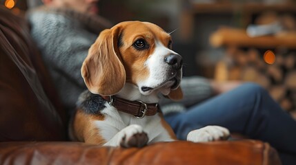 beagle dog sitting on the floor, loyal Beagle sitting attentively by its owner's side, ready for any command or instruction