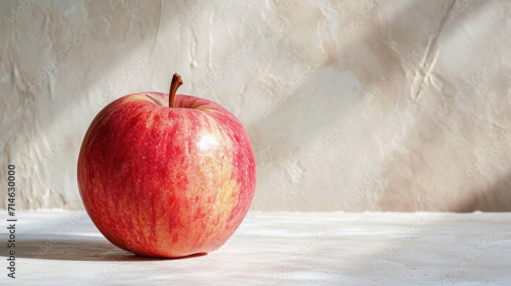 Aufkleber a red apple sitting on top of a table next to a shadow of a person's shadow on the wall behind it an