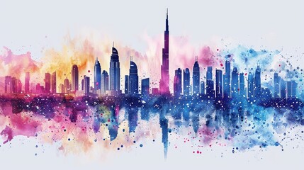 Silhouette of Dubai city painted with splashes of watercolor drops landmarks in blue with pink