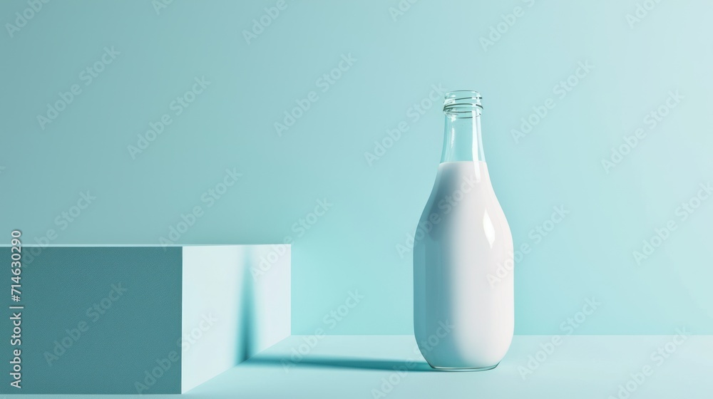 Poster a bottle of milk sitting on top of a table next to a block of white cubes on a light blue background