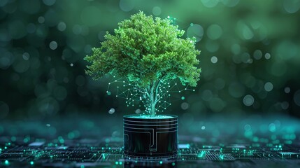 Tree growing on digital plant pot. Eco Technology and Technology Convergence. Green Computing, Green Technology, Green IT, csr, and IT ethics Concept - obrazy, fototapety, plakaty