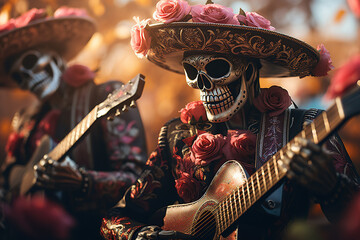 Artistically crafted mariachi skeletons adorned in sombreros play guitars in a warmly lit setting,...
