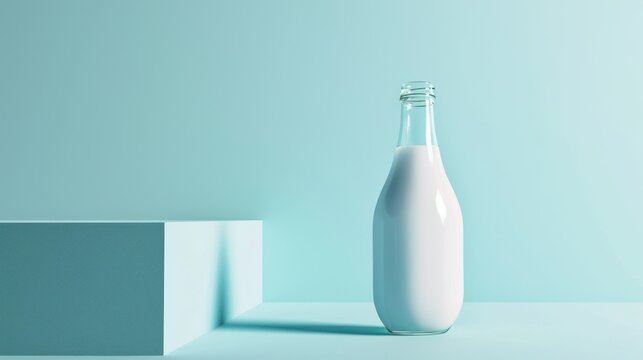  a bottle of milk sitting on top of a table next to a block of white cubes on a light blue background with a shadow from the bottom of the bottle.
