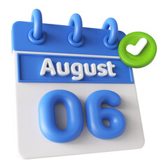 6th August Calendar Icon 3D Render with Checkmark Icon, Calendar Icon 3D Illustration