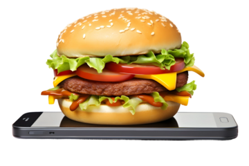 hamburger on a mobile phone on transparent background