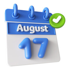 17th August Calendar Icon 3D Render with Checkmark Icon, Calendar Icon 3D Illustration